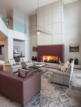 Interior design of a modern living room with fireplace